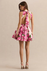 Waverly Pink Rose Print Racer Neck Sleeveless Skater Mini Dress