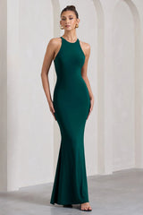 Brianna Bottle Green Sleeveless Halter Neck Open Back Maxi Dress