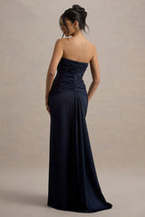 Desirie Navy Satin Sweetheart Gathered Maxi Dress