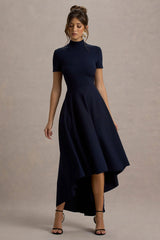 Bellona Navy High Neck High Low Midi Dress