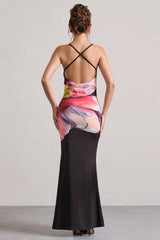 Kali Black Floral Print Cowl Neck Open Back Split Maxi Dress