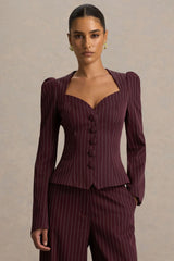Lana Burgundy Pinstripe Woven Sweetheart Neck Tailored Top