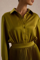 Naxos Olive Satin Shirt Maxi Dress With Pleated Skirt