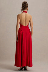 Cynthia Red High Neck Maxi Dress With Volume Skirt