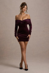 Gilda Port Velvet Bardot Long Sleeve Mini Dress