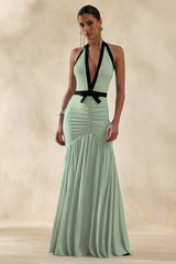 Cosmina Mint Plunge Neck Maxi Dress With Bow Detail