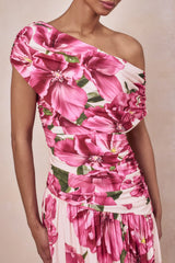 Emberly Pink Hibiscus Floral Print Asymmetric Neck Maxi Dress With Drop Waist