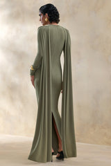 Lysoria Olive High Neck Maxi Dress With Draped Detailing And Cape Sleeves