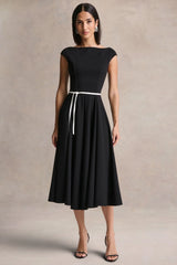 Nataline Black Round Neck Midi Dress With White Belt Detail