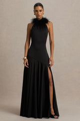 Jemima Black Satin Halter Neck Maxi Dress With Feather Trim