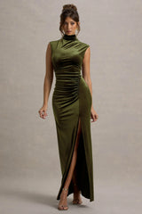 Abilene Olive Velvet High Neck Split Maxi Dress