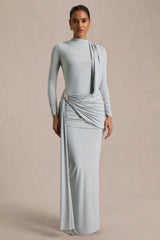 Melissa Blue Long Sleeve Wrap Maxi Dress With Draped Detailing