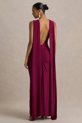 Premiere Burgundy Boat Neck Maxi Dress With Open Back And Cape Sleeves