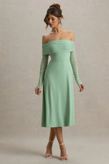 Flatter Me Light Green Bardot Midi Dress With Mesh Sleeves