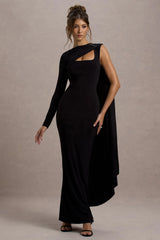 Ashini Black One Sleeve Maxi Dress With Cape