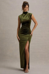Abilene Olive Velvet High Neck Split Maxi Dress