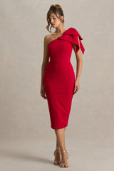 Ambretta Red One Shoulder Midi Dress With Bow