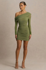 Gina Olive Asymmetric Neck Ruched Mini Dress