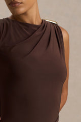 Fiora Brown Wide Neck Maxi Dress With Gathered Detail
