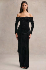Jessara Black Bardot Neck Maxi Dress With Knot Details