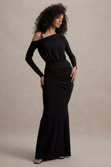Deanna Black Asymmetric Long Sleeve Ruched Maxi Dress