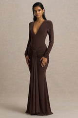 Saffie Chocolate Extreme Plunge Wrap Maxi Dress With Long Sleeves And Ruched Detailing