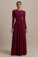 Estrella Berry High Neck Maxi Dress With Ruched Detailing