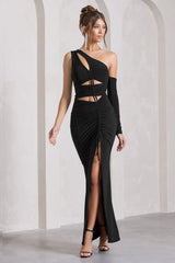Carlina Black Ruched One Shoulder Cut Out Split Maxi Dress