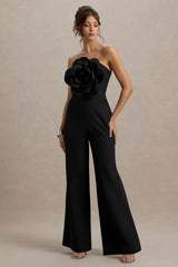 Opia Black Bandeau Wide Leg Jumpsuit With Large Floral Corsage