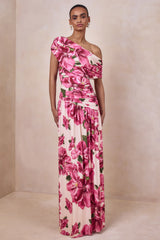 Emberly Pink Hibiscus Floral Print Asymmetric Neck Maxi Dress With Drop Waist