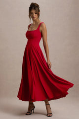 Parina Red Strappy Volume Hem Midi Dress