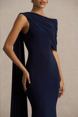 Tiana Navy Asymmetric Neck Maxi Dress With Drape Detail
