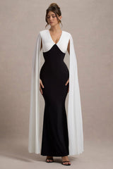 Grace Kelly Black White Plunge Neck Maxi Dress With Cape Sleeves
