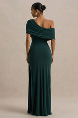 Dynasty Dark Green Asymmetric Neck Maxi Dress With Ruched Detailing And Front High Split