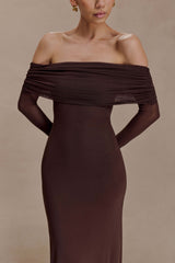 Josie Off Shoulder Mesh Maxi Dress Dark Brown