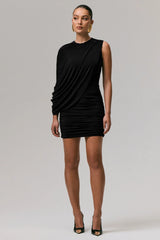 Fortuna Black Ruched Mini Dress With One Sleeve