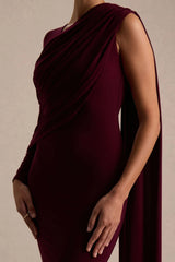 Rubelle Burgundy Asymmetric Neck Maxi Dress With Draped Detailing