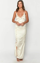 Nahanee Cream Satin Ruffle Maxi Dress