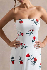 Azra Rose Print Satin Bandeau Maxi Dress