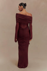 Kaitlin One Shoulder Slinky And Mesh Maxi Dress Burgundy