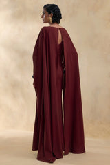 Pristina Burgundy Boat Neck Woven Maxi Dress With Cape Detail