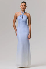 Sharni Blue Ombre Chiffon Halter Neck Maxi Dress
