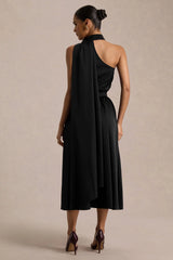 Caluna Black Satin Asymmetric Neck Midi Dress With Scarf Detail