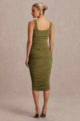 Lisbon Olive Maternity Square Neck Ruched Midi Dress