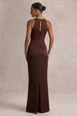 Akari Brown Crew Neck Maxi Dress With Satin Skirt