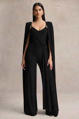 Labina Black Plunge Neck Jumpsuit With Cape Sleeves