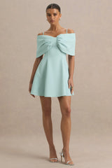 Faria Light Blue Short Sleeve Bardot Mini Dress With Bow Detail