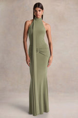 Hyla Green High Neck Maxi Dress With Sash Detail