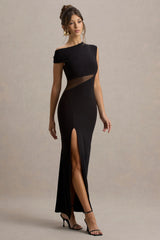 Emily Black Asymmetric Split Maxi Dress With Mesh Detailing