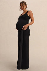Felise Black Scoop Neck Maternity Maxi Dress With Gathered Detailing